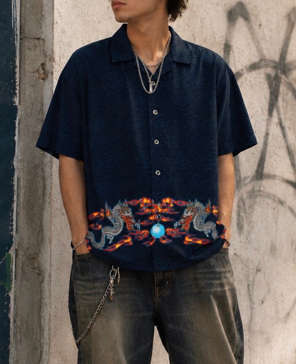 Vintage ODO button up shirt dragon and flame graphic print 90s Y2K grunge L